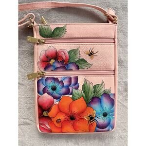 ANUSCHKA Hand-Painted Floral RFID Top Zip Crossbody PINK Retired Travel Bag